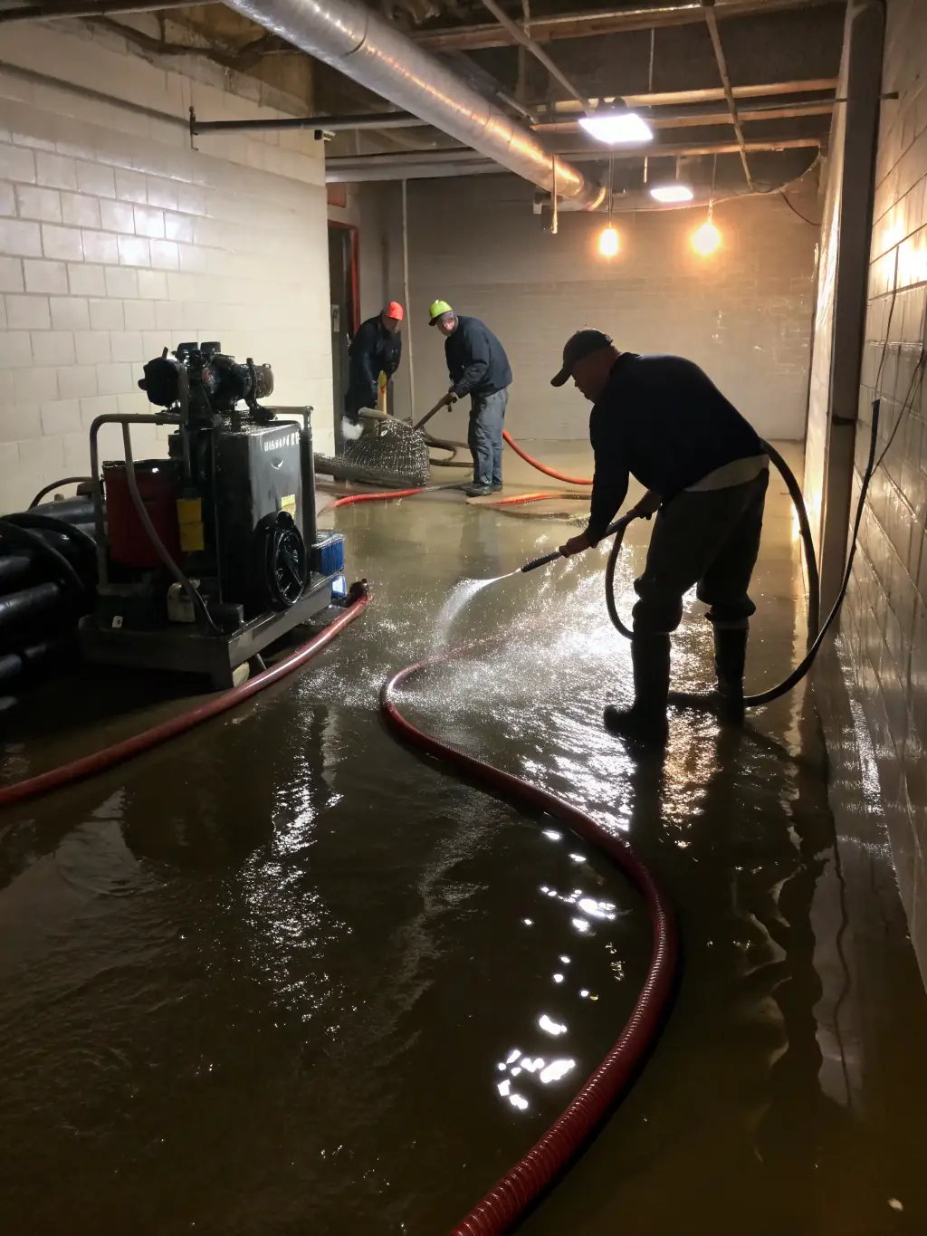 A photo of a crew removing floodwater from a basement with industrial pumps, emphasizing the scale of the cleanup and the effectiveness of the equipment.