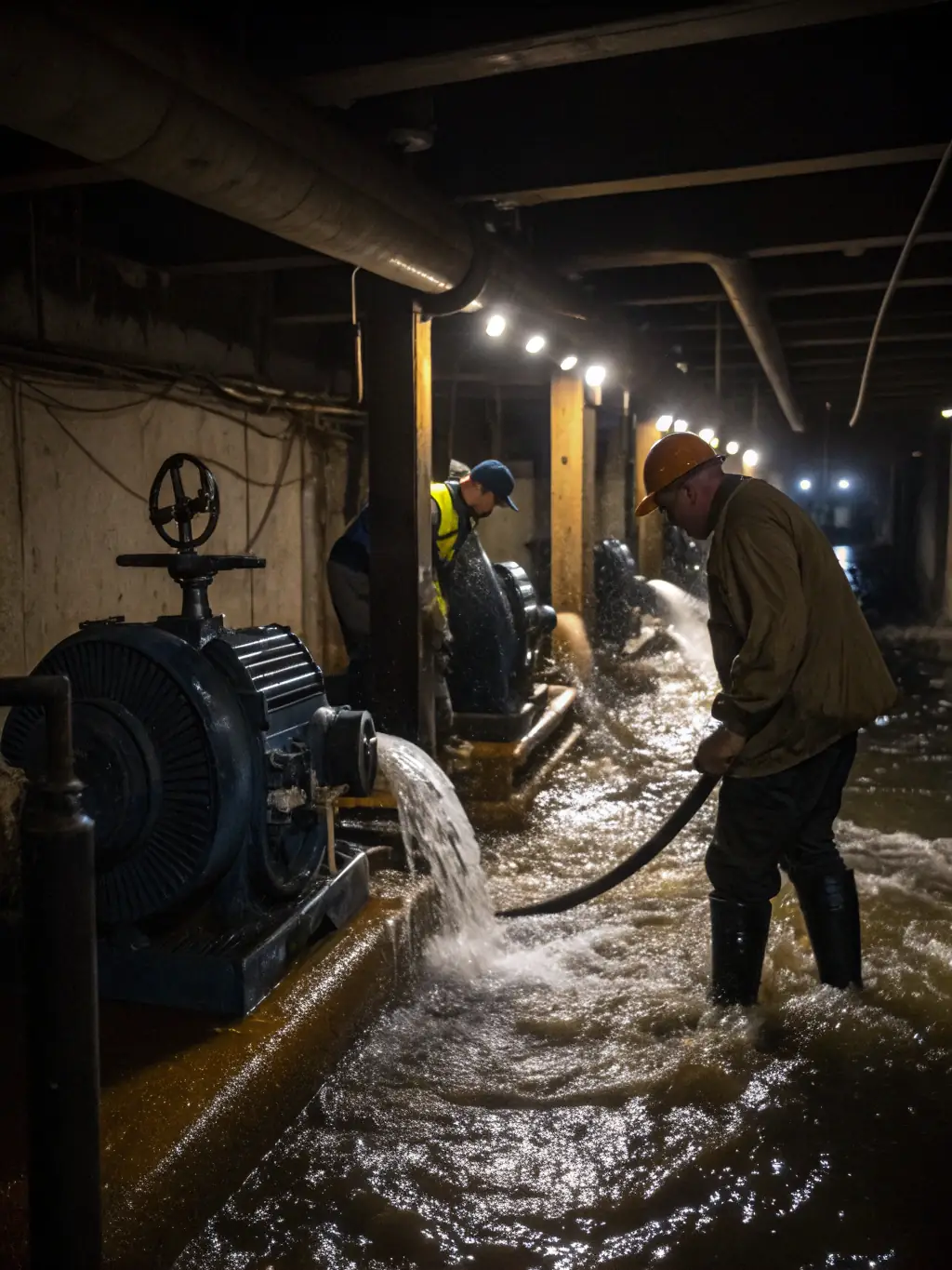 A photo of a crew removing floodwater from a basement with industrial pumps, emphasizing the scale of the cleanup and the effectiveness of the equipment.