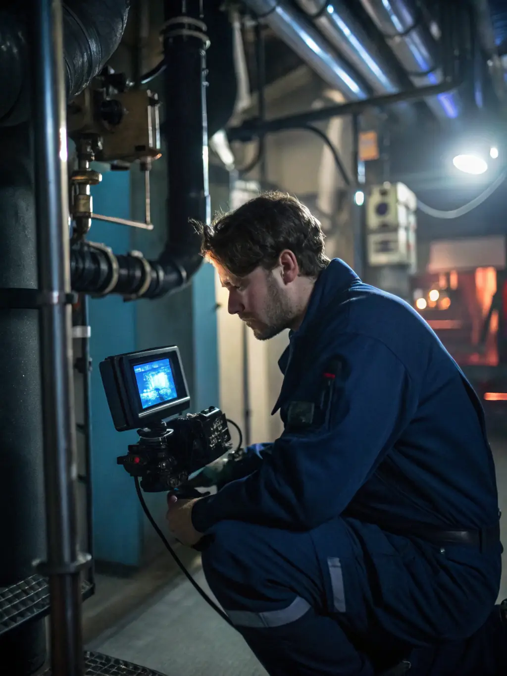 An image of a technician inspecting plumbing behind a wall, highlighting the use of diagnostic tools and the precision of the inspection.