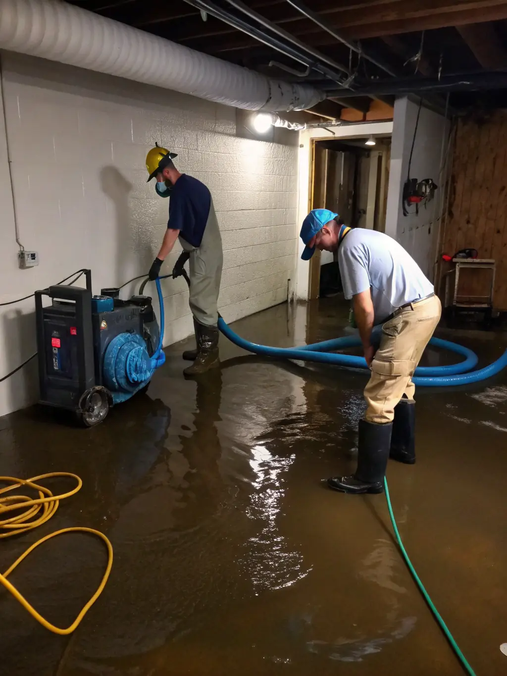 An image showing a team member using industrial drying equipment inside a flooded room, focusing on the professional equipment and the efficient process of water extraction.