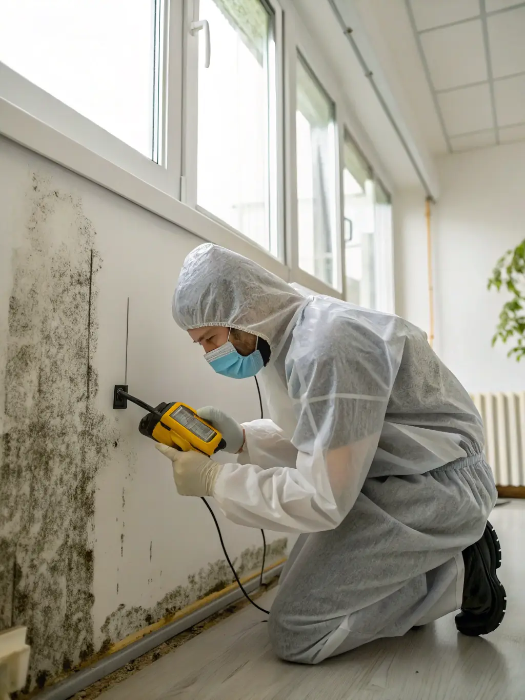 A technician inspecting mold growth on a wall with specialized equipment, focusing on the mold and the protective gear used.