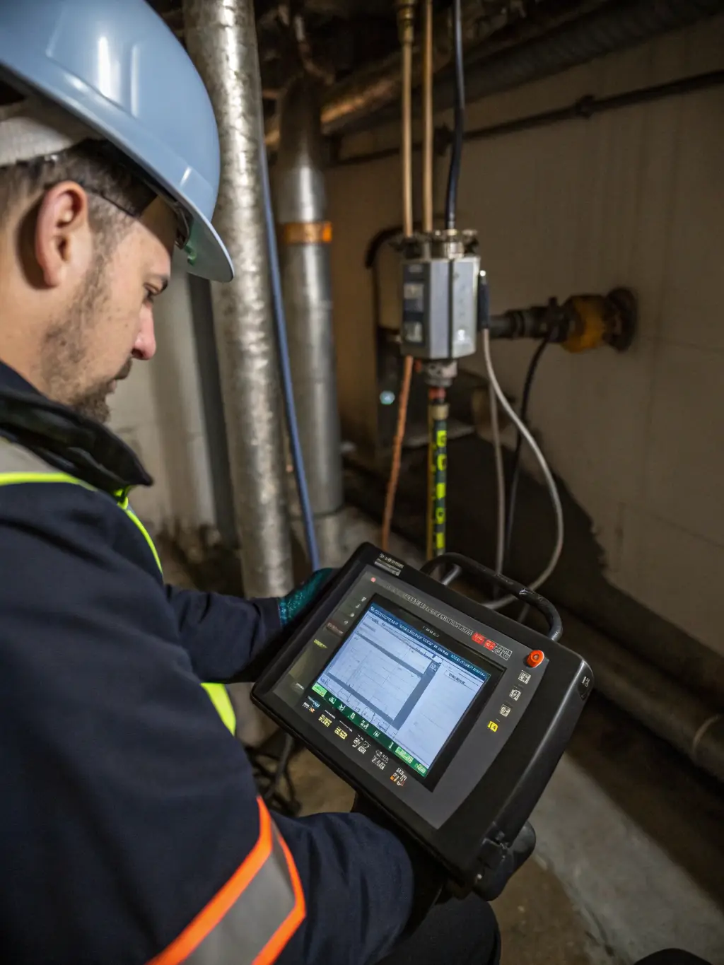 An image of a technician inspecting plumbing behind a wall, highlighting the use of diagnostic tools and the precision of the inspection process.