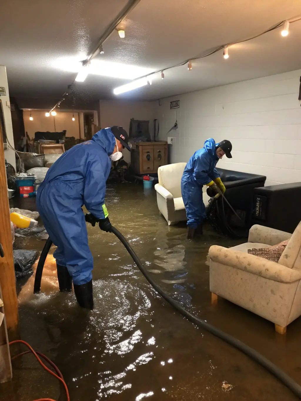 A photograph showing Dry Point Restoration technicians using professional-grade dehumidifiers and air movers to dry out a water-damaged room.