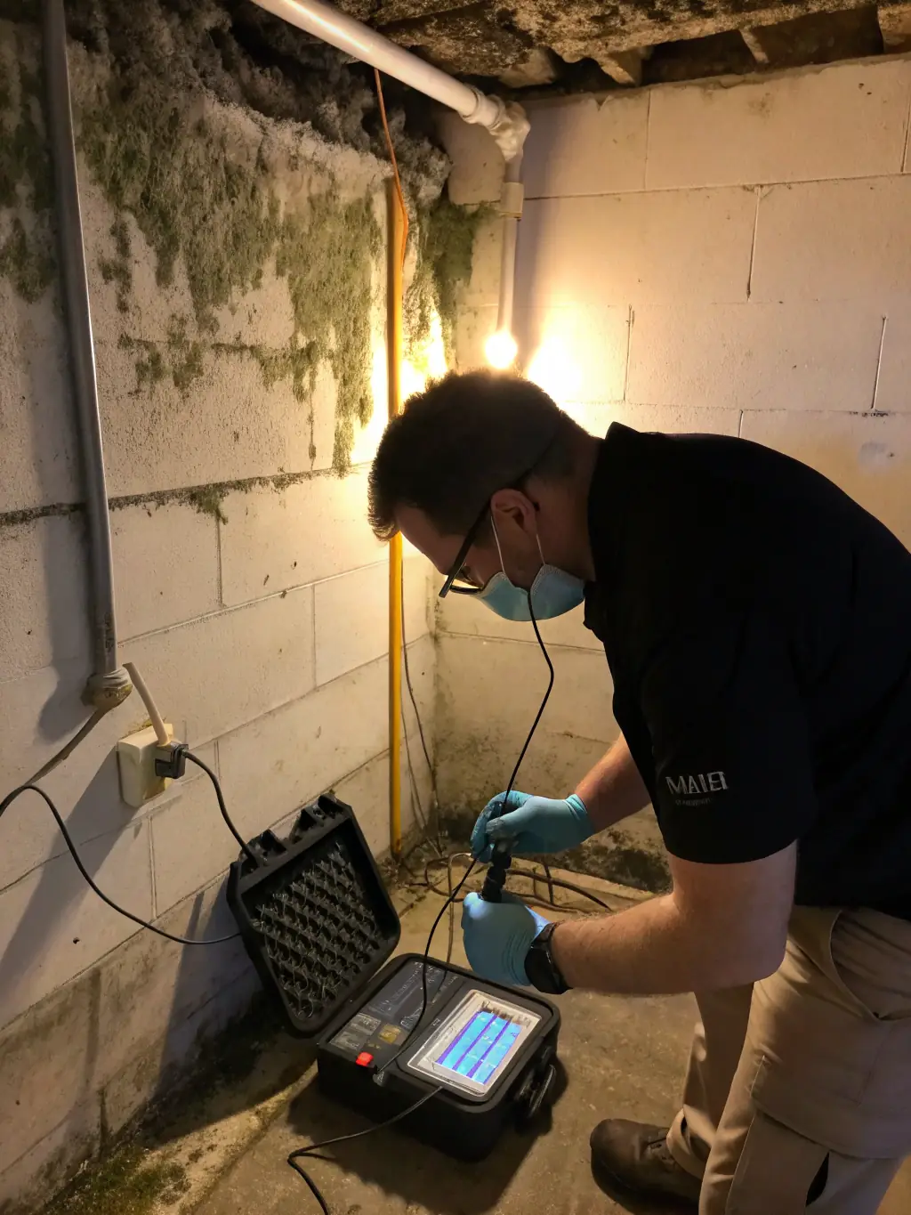 A technician in protective gear inspecting mold growth on a wall, highlighting Dry Point Restoration's mold remediation expertise.
