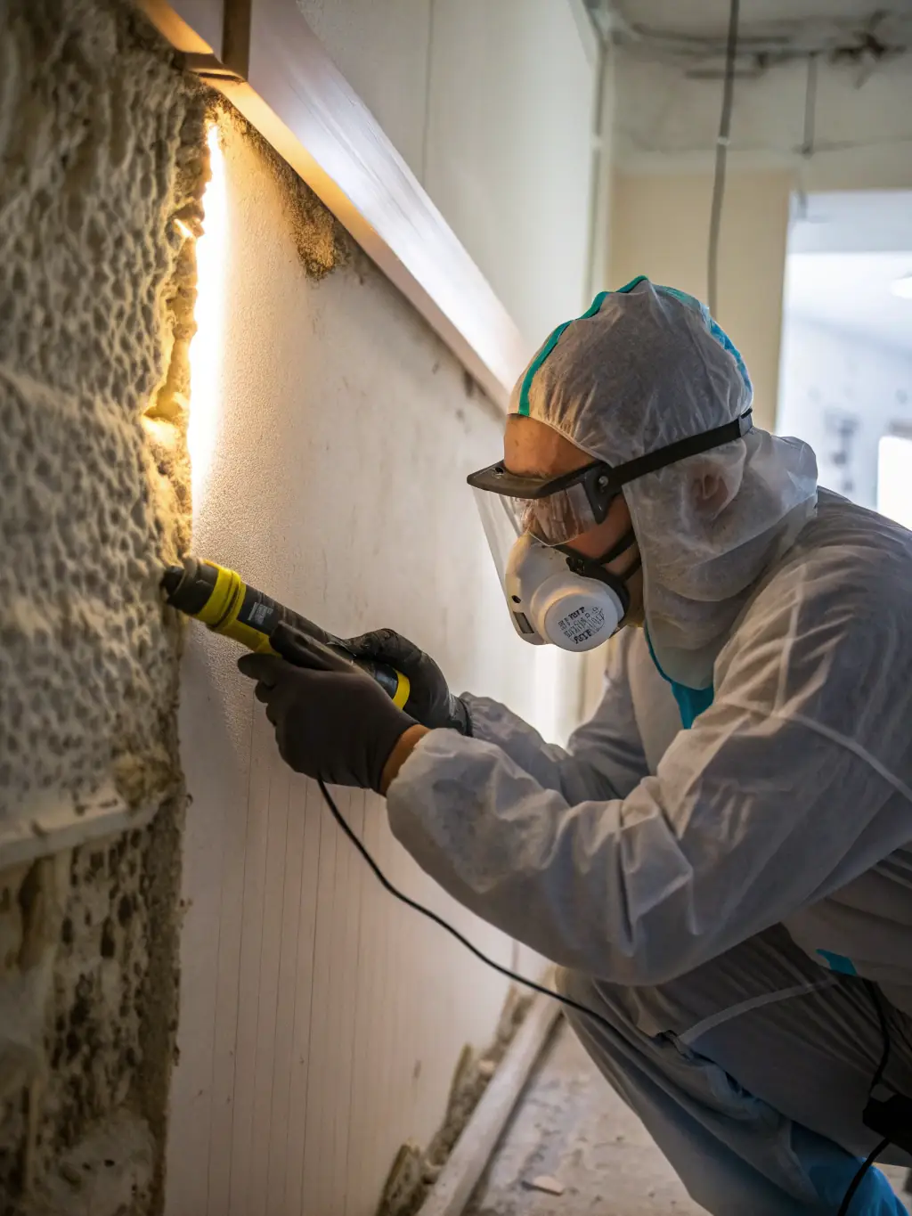 A photograph of a technician inspecting a wall for mold growth with specialized equipment, highlighting the importance of mold prevention.