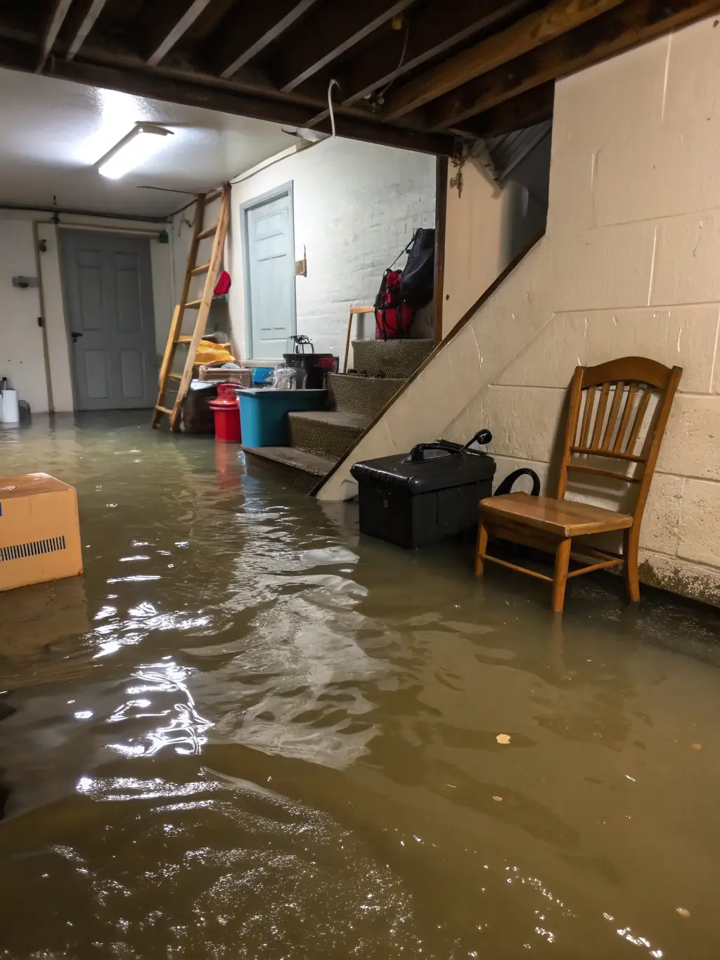 A flooded basement with furniture and personal belongings submerged in water, showcasing the need for flood cleanup services by Dry Point Restoration.