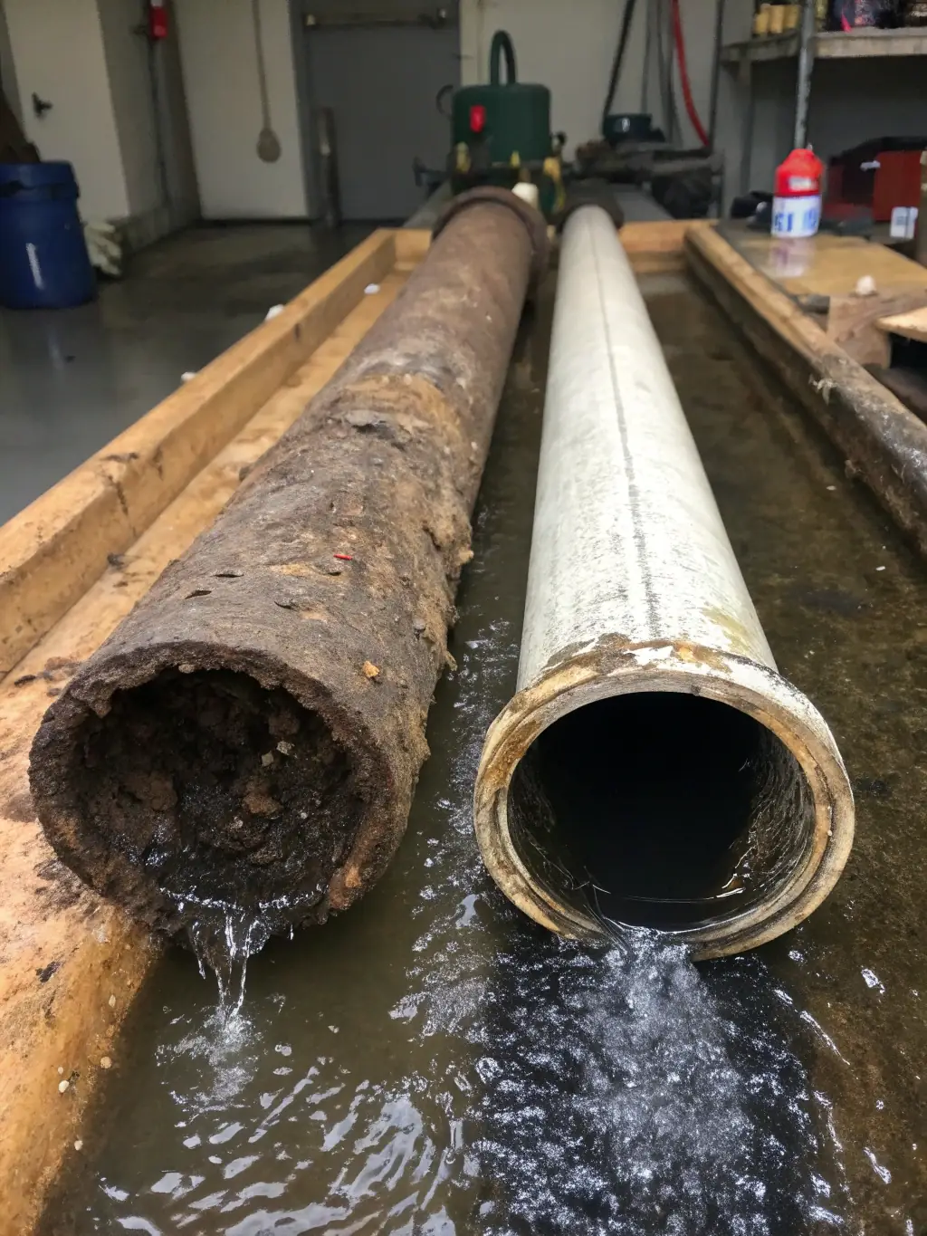A before-and-after shot of a pipe repair, showing a leaky pipe before repair and a dry, sealed pipe after Dry Point Restoration's service.